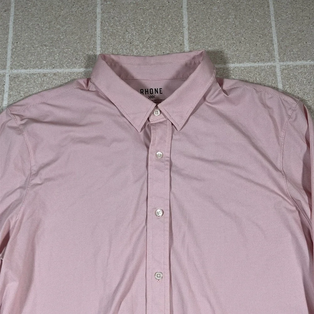 Rhone Commuter Dress Shirt Sz XL Pink Micro Check Performance Stretch Button Up